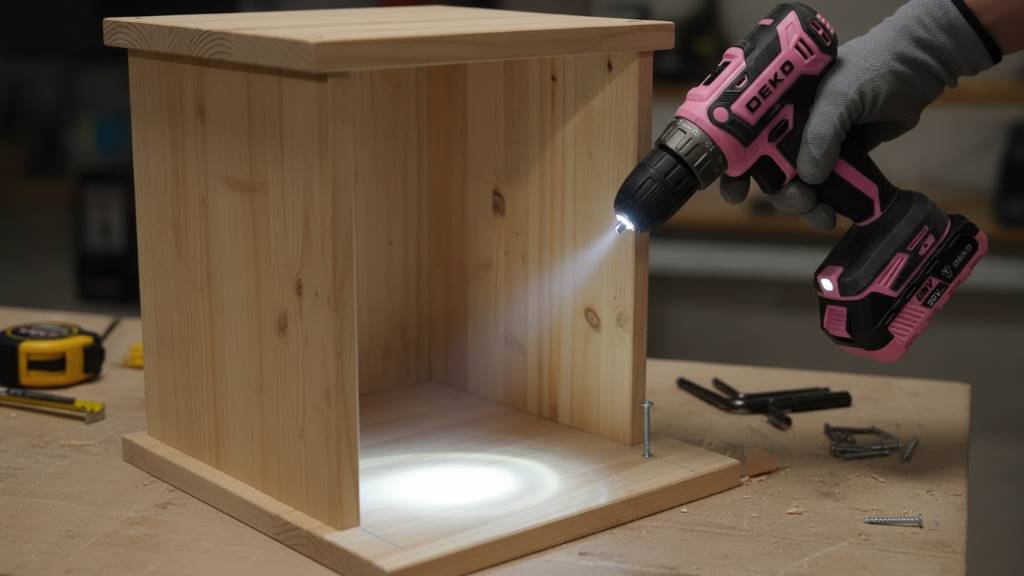 A compact DEKOPRO 8V cordless drill with LED light illuminating a workpiece during a DIY furniture assembly project.