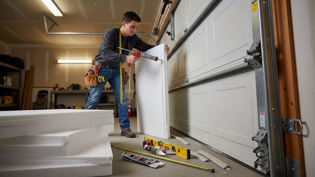 Person installing foam insulation panel inside garage door section using adhesive and measuring tools