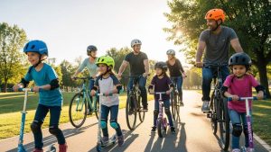 Family group with kids and adults wearing versatile Bavilk helmets during biking and scootering activities outdoors
