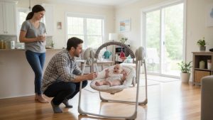 Family using multi-directional Ingenuity baby swing during daily routine