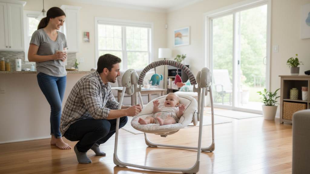 Family using multi-directional Ingenuity baby swing during daily routine