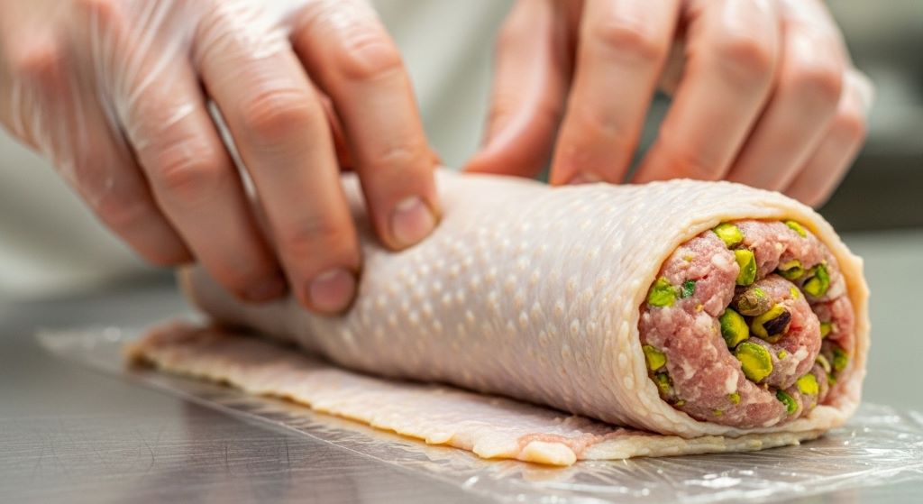 Hands rolling deboned poultry stuffed with forcemeat and pistachio filling for traditional French galantine preparation