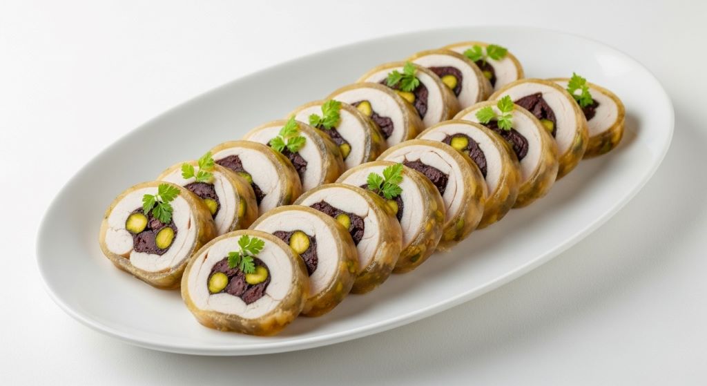 Crystal clear savory aspic coating over sliced chicken galantine with herb garnish on white serving platter