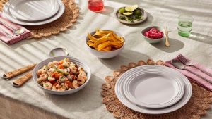 Le Creuset 4-piece pasta bowl set arranged on a table