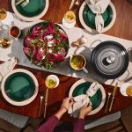 Le Creuset 4-piece pasta bowl set with cooked pasta inside