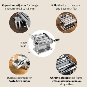 Fresh pasta dough being rolled through the Marcato Atlas 150 manual pasta maker.