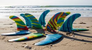 Close-up of eco-friendly surfboard fin made from recycled ocean plastic attached to surfboard