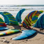 Colorful recycled plastic surfboard fins displayed on sandy beach with ocean waves in background