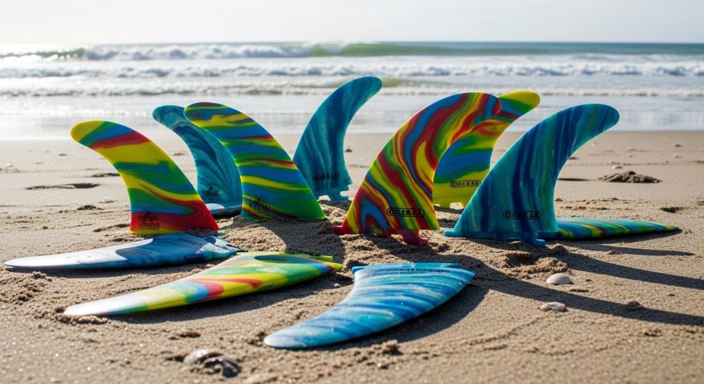 Colorful recycled plastic surfboard fins displayed on sandy beach with ocean waves in background