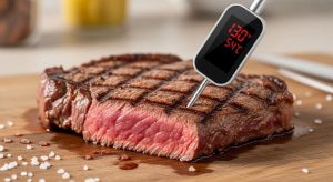 Digital meat thermometer displaying temperature reading inserted into cooked steak on wooden cutting board