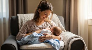 Nursing mother smiling while breastfeeding baby comfortably on supportive pillow in cradle hold position