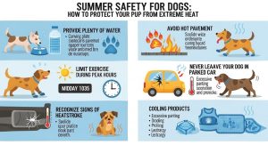 Owner checking pavement temperature with hand before walking dog on hot asphalt surface