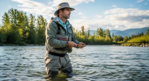 Fisherman standing in shallow water using lightweight breathable chest waders