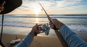 saltwater spinning setup with surf rod and reel on sandy shore