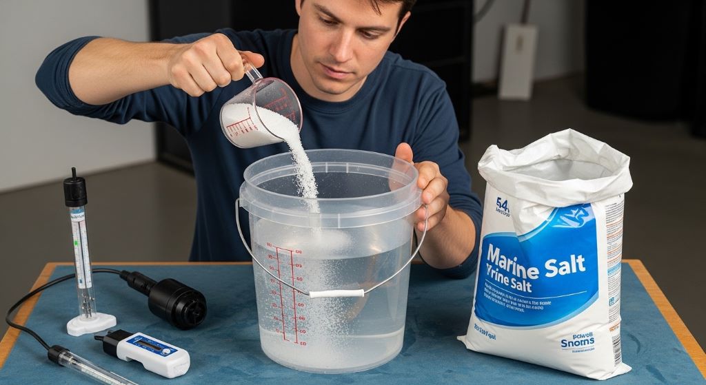 A beginner measuring marine salt into a bucket of purified water to prepare for a home saltwater aquarium setup