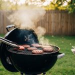 Person grilling burgers on an affordable charcoal kettle grill in a backyard