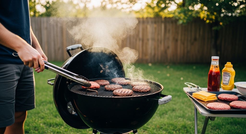 Person grilling burgers on an affordable charcoal kettle grill in a backyard
