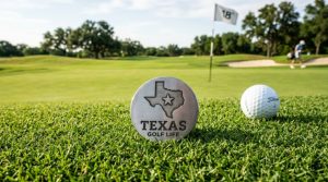 Custom engraved metal golf ball marker with Texas state outline resting on a golf course green in natural light