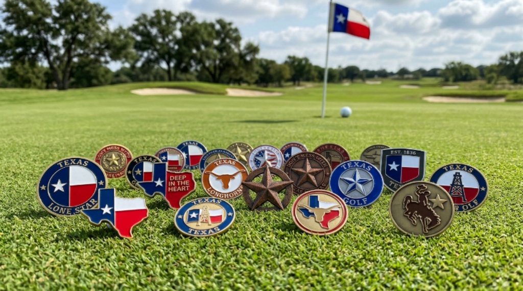Collection of Texas-themed golf ball markers featuring Lone Star designs and enamel artwork displayed on a putting green