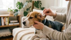 Close-up of a person gently wiping a calm Beagle's ear with a cotton ball during a home grooming session.