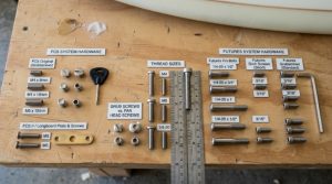 Assortment of surfboard hardware including fin bolt types and screw sizes for FCS and Futures systems