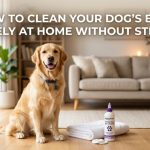 Happy Golden Retriever next to grooming supplies with text overlay on how to clean dog ears safely at home.