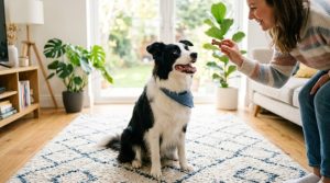 A happy dog receiving a treat reward after a stress-free ear cleaning session at home.
