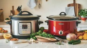 Slow cooker and multi-cooker displayed side by side on a kitchen counter