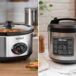 Home cook comparing slow cooker and multi-cooker for meal preparation