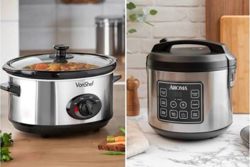 Home cook comparing slow cooker and multi-cooker for meal preparation