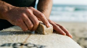 A close-up of a person applying wax to the deck of a surfboard.