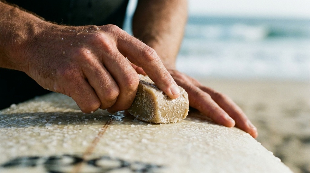 A close-up of a person applying wax to the deck of a surfboard.