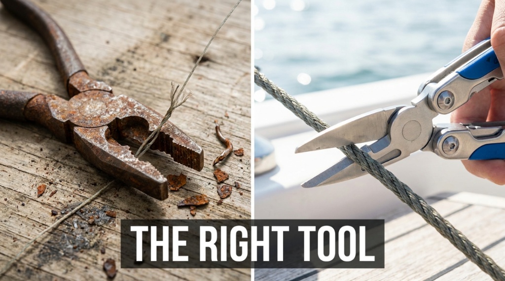 A side-by-side comparison of a cheap rusted tool and a premium fishing multi-tool.
