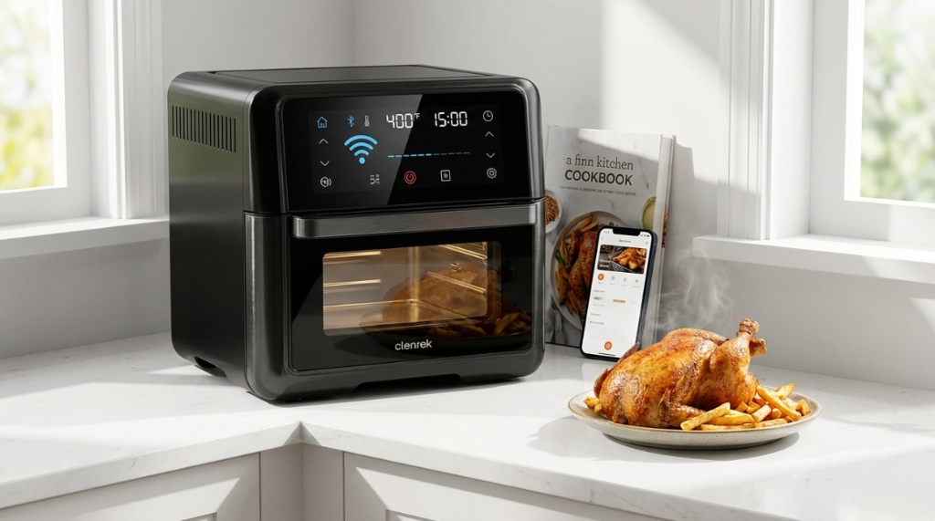 Modern smart air fryer oven on a kitchen counter displaying digital touchscreen menu.
