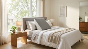 White memory foam wedge pillow positioned for both back and leg support.