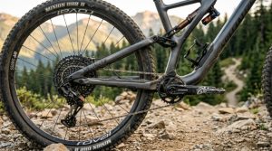 Detailed view of mountain bike rear derailleur and cassette gears on trail.
