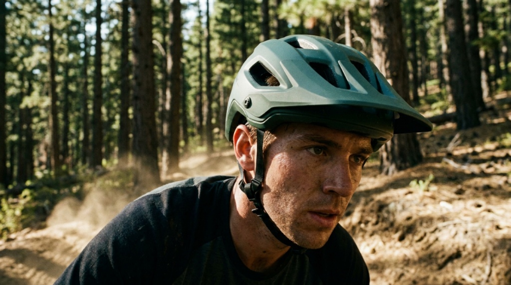 Rider holding a lightweight helmet at a mountain overlook.