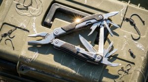 An open fishing multi-tool showcasing a split-ring tip and line cutters.