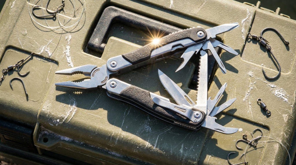 An open fishing multi-tool showcasing a split-ring tip and line cutters.