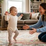 Smiling baby taking first steps on living room carpet toward parents hands.