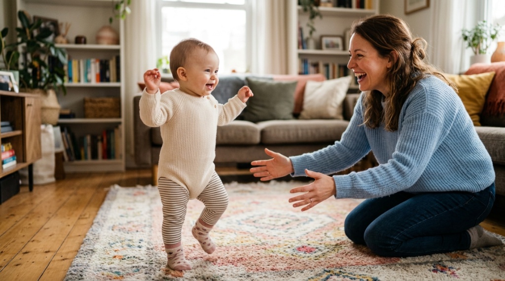 Smiling baby taking first steps on living room carpet toward parents hands.