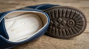 Macro shot showing padded insole and rubber grip of children dress shoe.