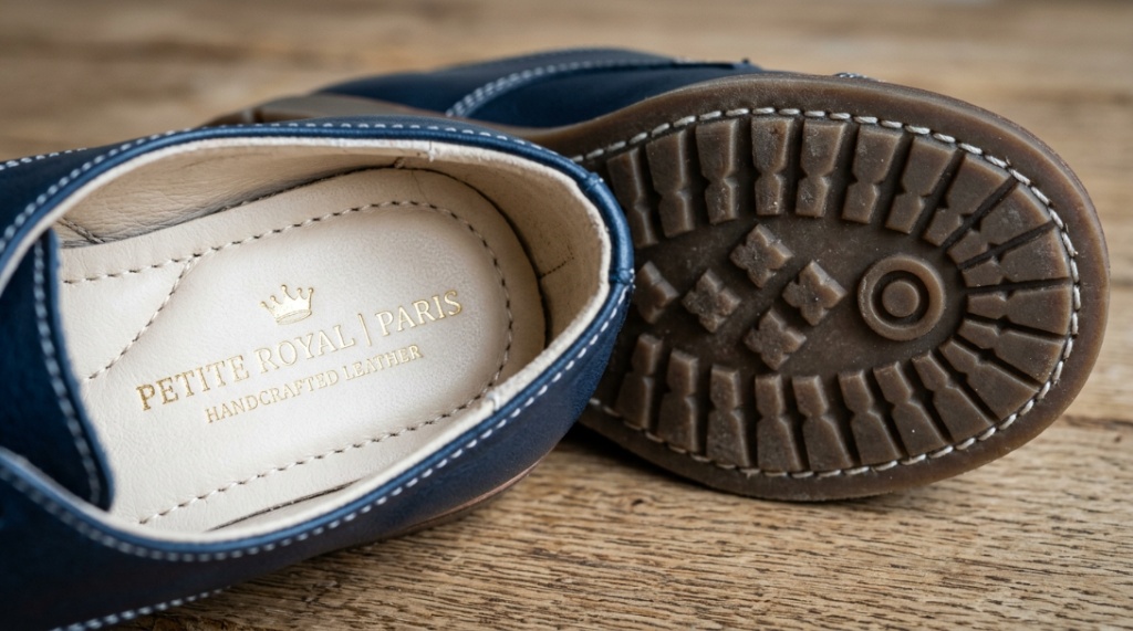 Macro shot showing padded insole and rubber grip of children dress shoe.