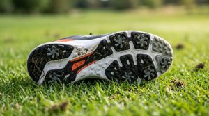 Underneath view of spikeless golf shoe sole showing rubber traction grip pattern.