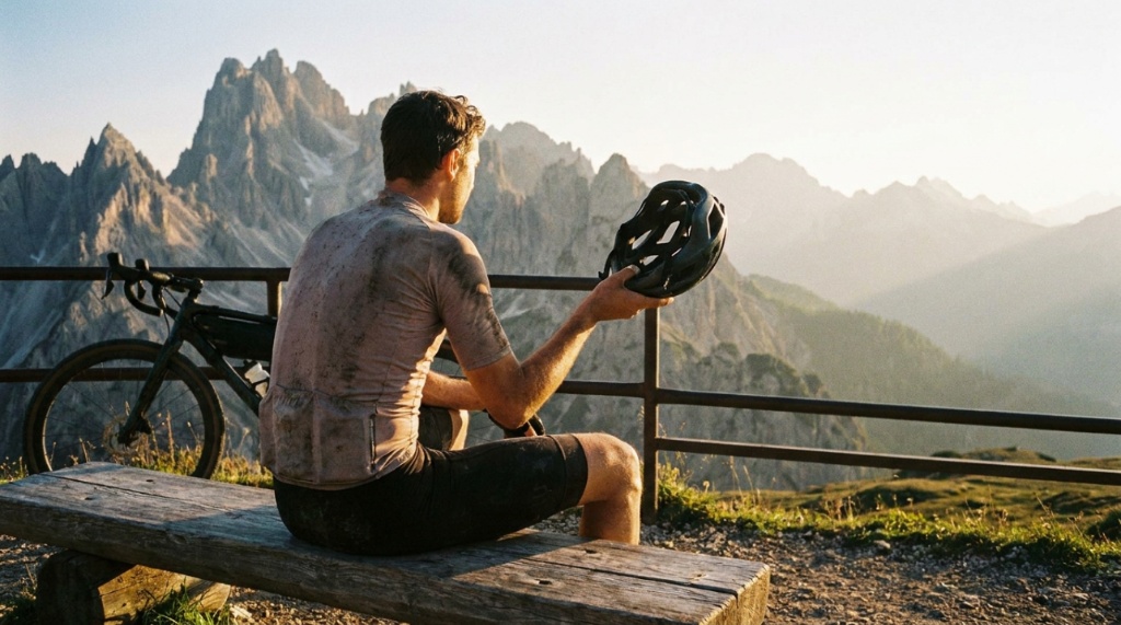 Cyclist wearing a lightweight mountain bike helmet on a forest trail.