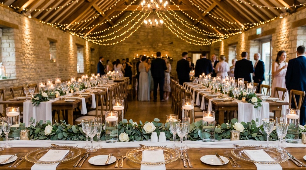 Candlelit reception tables styled with green garlands and elegant hanging fairy lights.