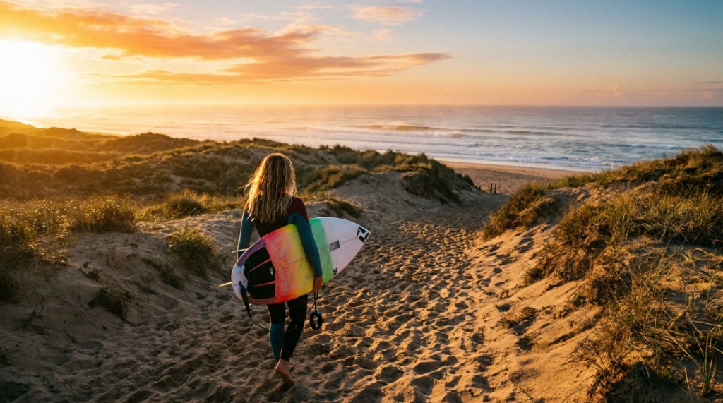 A surfer walks down a sandy path toward the ocean holding a surfboard.