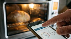 Person using a smartphone mobile app to control a smart air fryer oven.