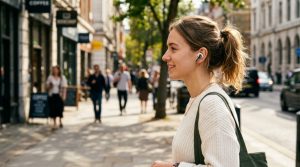 A person wearing white Nothing earbuds while walking along a sunny city street.