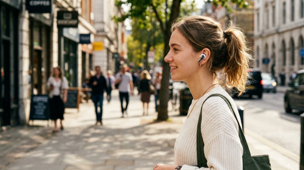 A person wearing white Nothing earbuds while walking along a sunny city street.